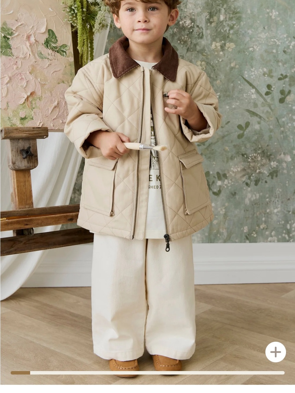 Jamie Kay Beige Quilted Puffer Jacket with Brown Corduroy Collar